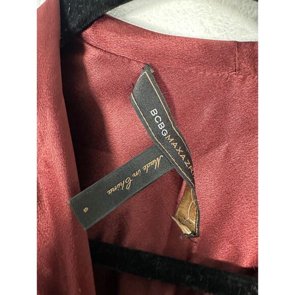 BCBG Max Azria Burgundy Satin Babydoll Wrap Flutter Sleeve Blouse Size Small - Picture 3 of 5